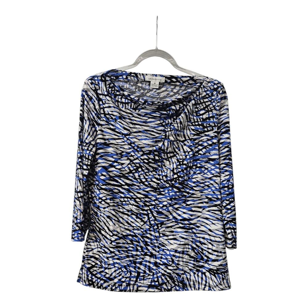 Liz Claiborne Womens M Blouse Blue Black Drape Neck Top 3/4 Sleeve Easy Care